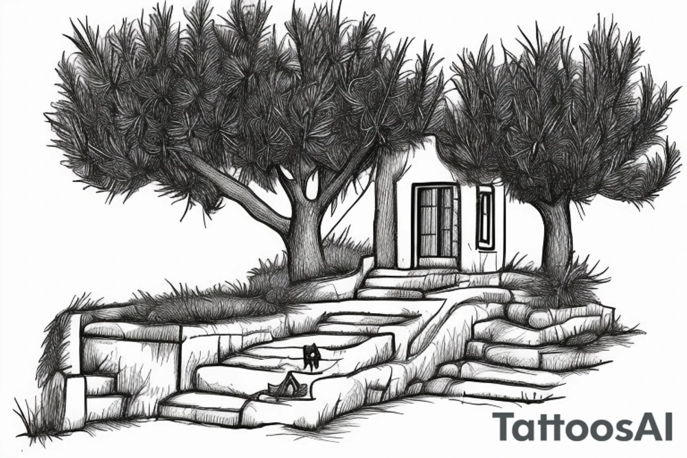 a simple line drawing of a small Greek house, on a hill. A small Olive tree and cat
 on the stairs tattoo idea