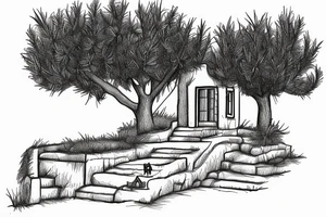 a simple line drawing of a small Greek house, on a hill. A small Olive tree and cat
 on the stairs tattoo idea