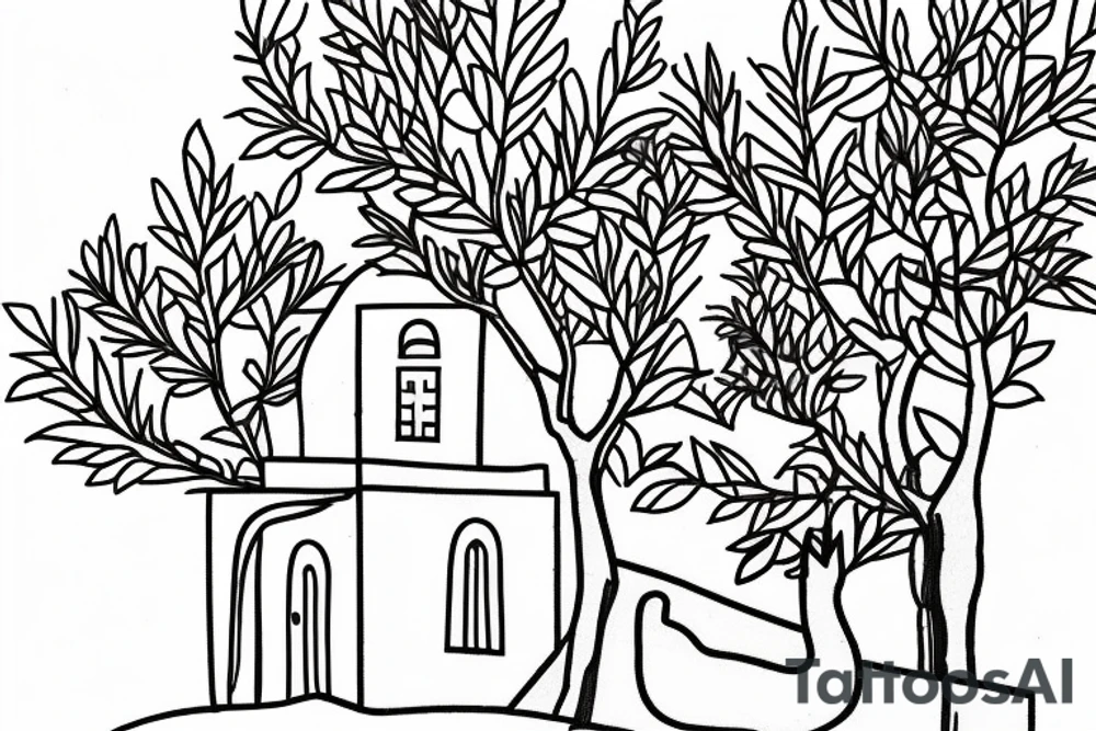 a very simple line drawing of a small Greek house, on a hill. A small Olive tree and cat
 on the stairs tattoo idea