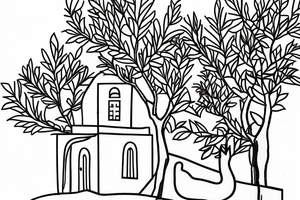 a very simple line drawing of a small Greek house, on a hill. A small Olive tree and cat
 on the stairs tattoo idea