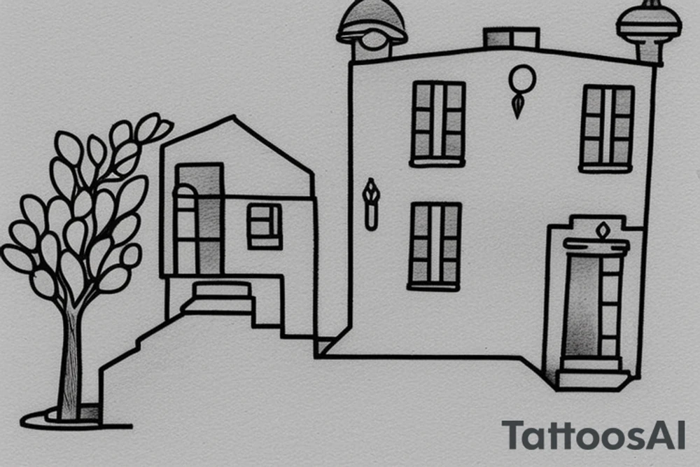 a very simple line drawing of a small Greek house, on a hill. A small Olive tree and cat
 on the stairs tattoo idea