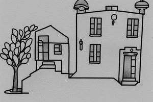 a very simple line drawing of a small Greek house, on a hill. A small Olive tree and cat
 on the stairs tattoo idea