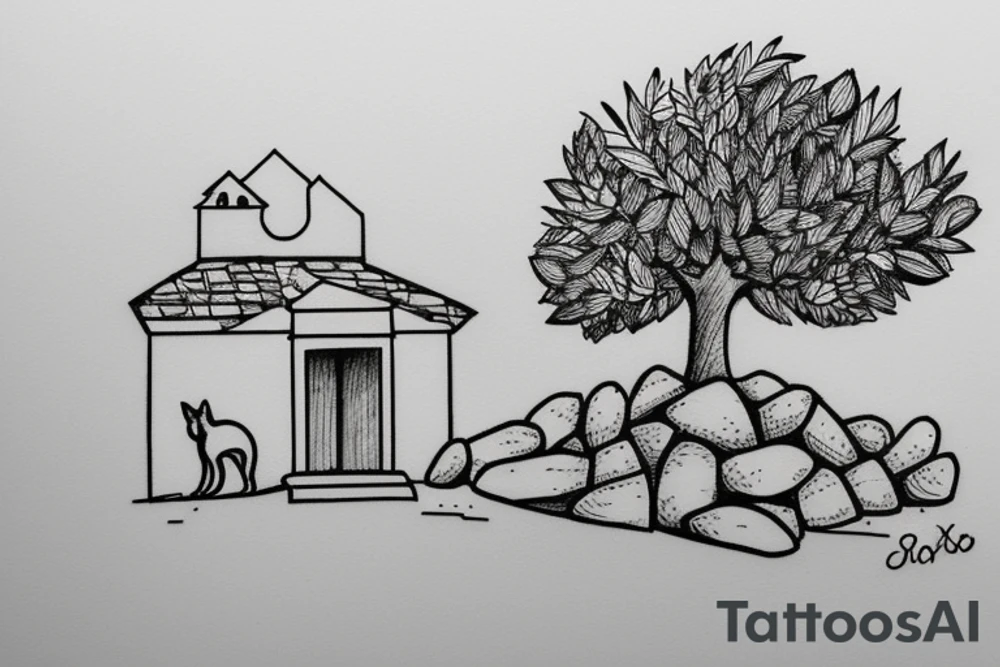 a very simple line drawing of a small Greek house, on a hill. A small Olive tree and cat
 on the stairs tattoo idea