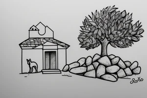 a very simple line drawing of a small Greek house, on a hill. A small Olive tree and cat
 on the stairs tattoo idea