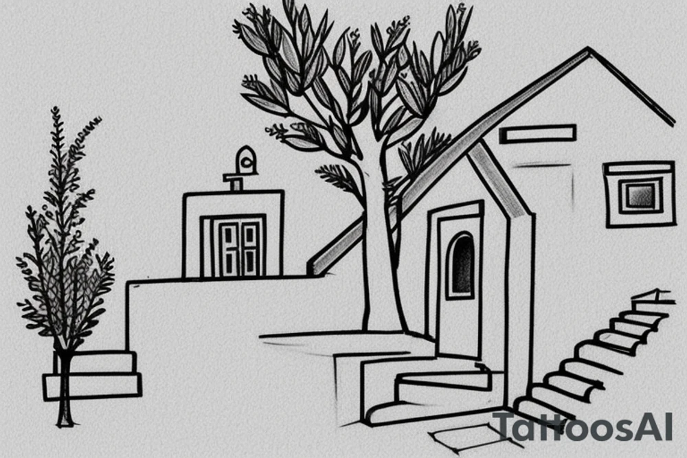 a very simple line drawing of a small Greek house, on a hill. A small Olive tree and cat
 on the stairs tattoo idea