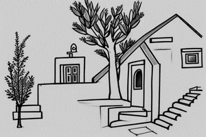 a very simple line drawing of a small Greek house, on a hill. A small Olive tree and cat
 on the stairs tattoo idea