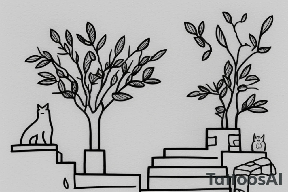 a very simple line drawing of a small Greek house, on a hill. A small Olive tree and cat
 on the stairs tattoo idea