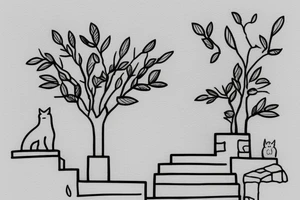 a very simple line drawing of a small Greek house, on a hill. A small Olive tree and cat
 on the stairs tattoo idea