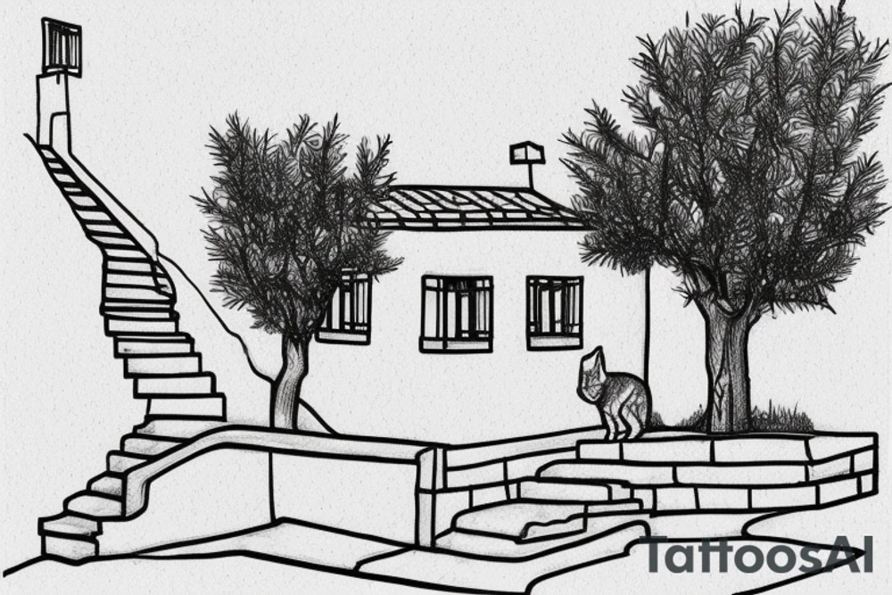 a very simple line drawing of a small Greek house, on a hill. A small Olive tree and cat
 on the stairs tattoo idea