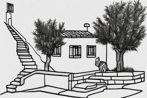 a very simple line drawing of a small Greek house, on a hill. A small Olive tree and cat
 on the stairs tattoo idea
