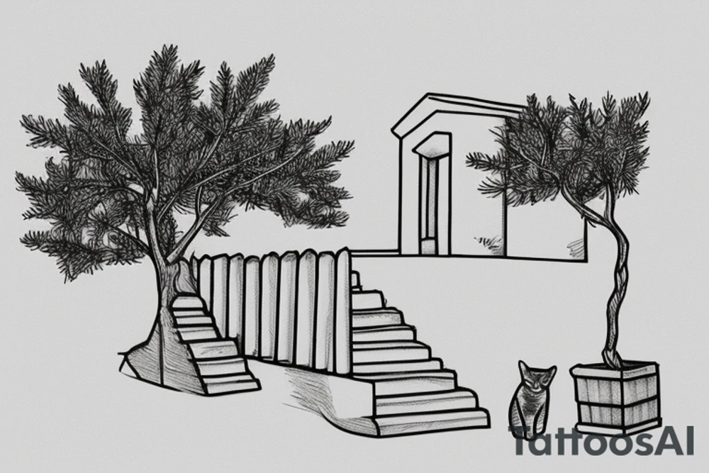 a very simple line drawing of a small Greek house, on a hill. A small Olive tree and cat
 on the stairs tattoo idea