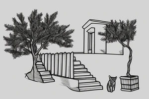 a very simple line drawing of a small Greek house, on a hill. A small Olive tree and cat
 on the stairs tattoo idea