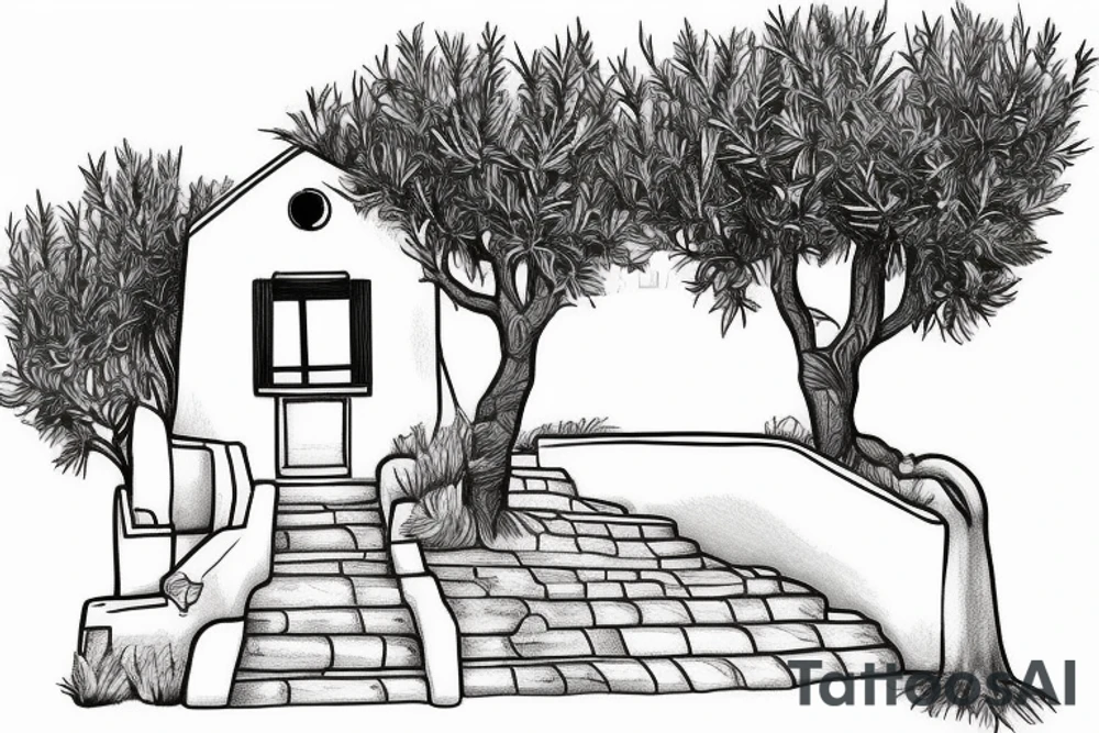 a very simple line drawing of a small Greek house, on a hill. A small Olive tree and cat
 on the stairs tattoo idea