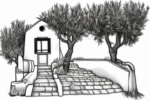 a very simple line drawing of a small Greek house, on a hill. A small Olive tree and cat
 on the stairs tattoo idea