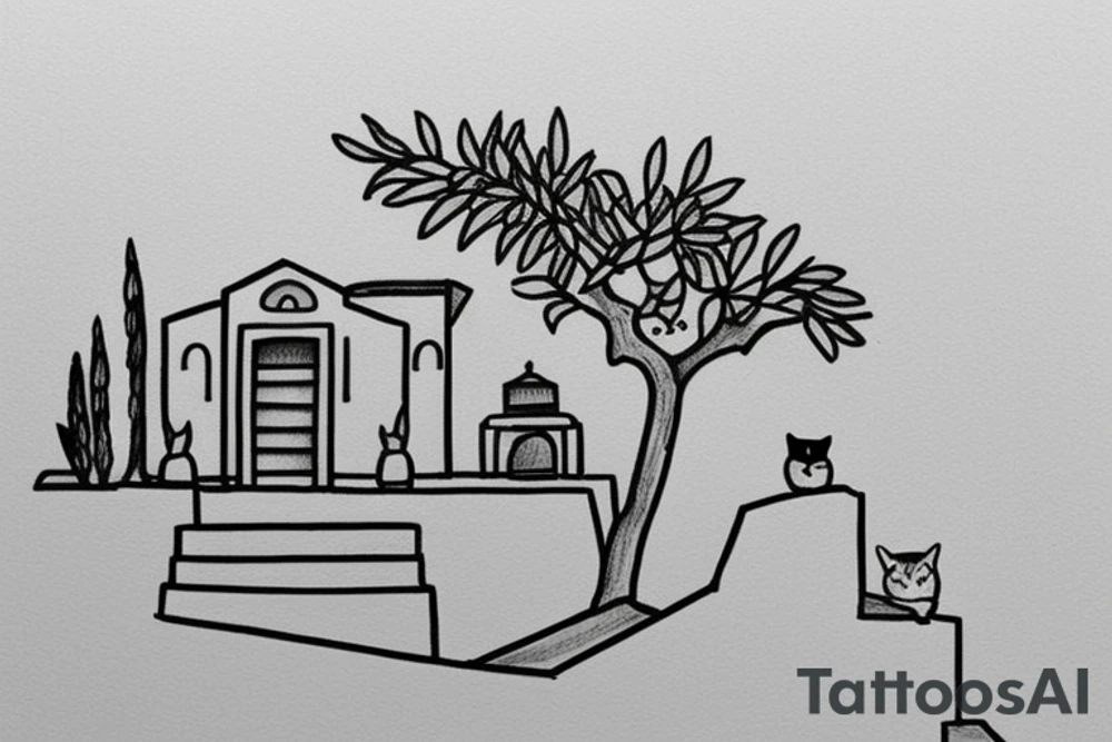 a really simple line drawing of a small Greek house, on a hill. A small Olive tree and cat
 on the stairs tattoo idea