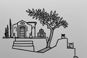 a really simple line drawing of a small Greek house, on a hill. A small Olive tree and cat
 on the stairs tattoo idea