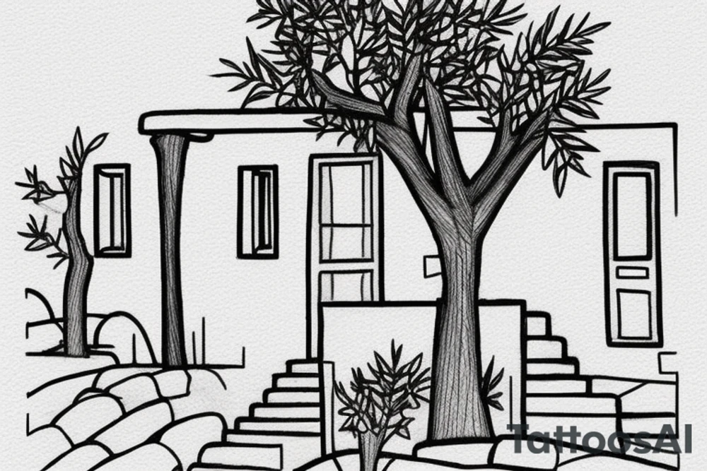 a really simple line drawing of a small Greek house, on a hill. A small Olive tree and cat
 on the stairs tattoo idea