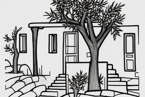 a really simple line drawing of a small Greek house, on a hill. A small Olive tree and cat
 on the stairs tattoo idea