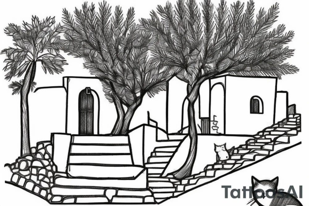 a really simple line drawing of a small Greek house, on a hill. A small Olive tree and cat
 on the stairs tattoo idea