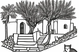 a really simple line drawing of a small Greek house, on a hill. A small Olive tree and cat
 on the stairs tattoo idea