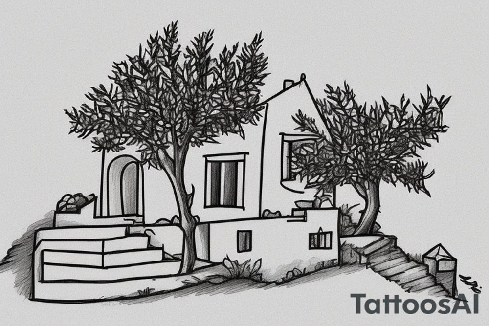a really simple line drawing of a small Greek house, on a hill. A small Olive tree and cat
 on the stairs tattoo idea