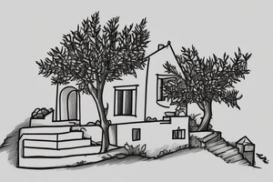 a really simple line drawing of a small Greek house, on a hill. A small Olive tree and cat
 on the stairs tattoo idea