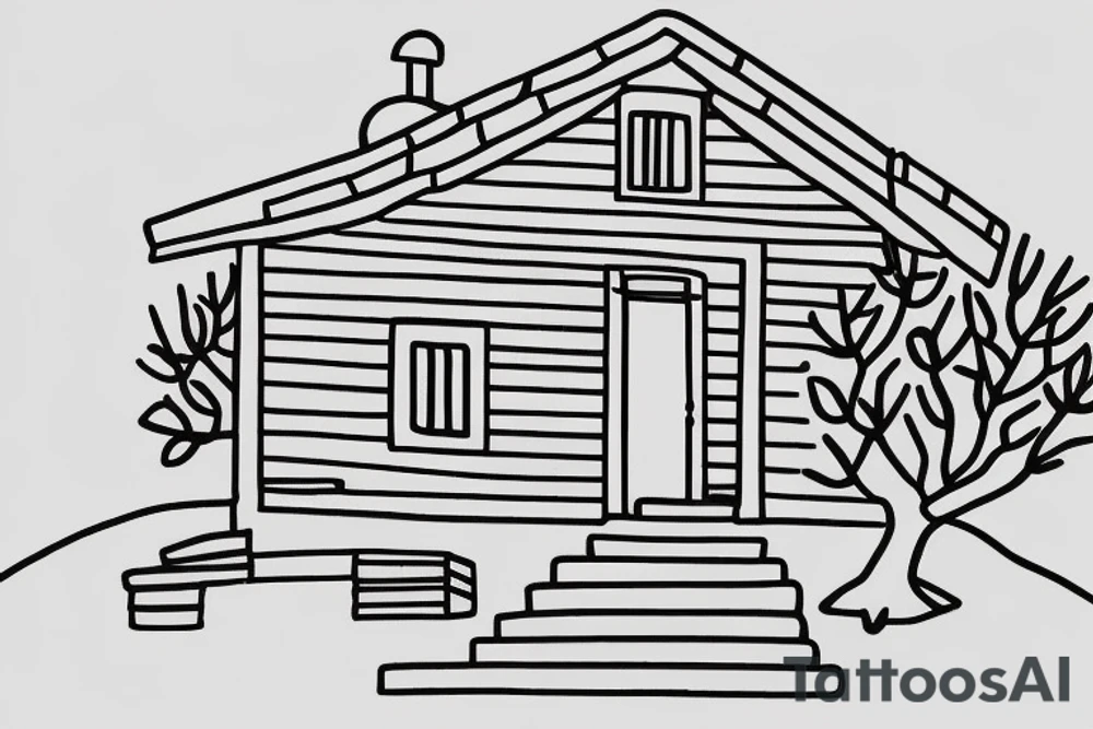 a really simple line drawing of a small Greek house, on a hill. A small Olive tree and cat
 on the stairs tattoo idea