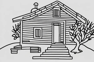 a really simple line drawing of a small Greek house, on a hill. A small Olive tree and cat
 on the stairs tattoo idea