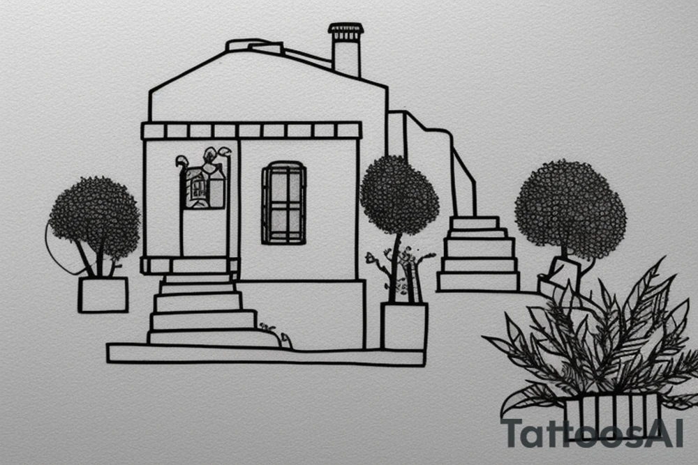 a really simple line drawing of a small Greek house, on a hill. A small Olive tree and cat
 on the stairs tattoo idea