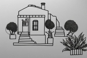 a really simple line drawing of a small Greek house, on a hill. A small Olive tree and cat
 on the stairs tattoo idea