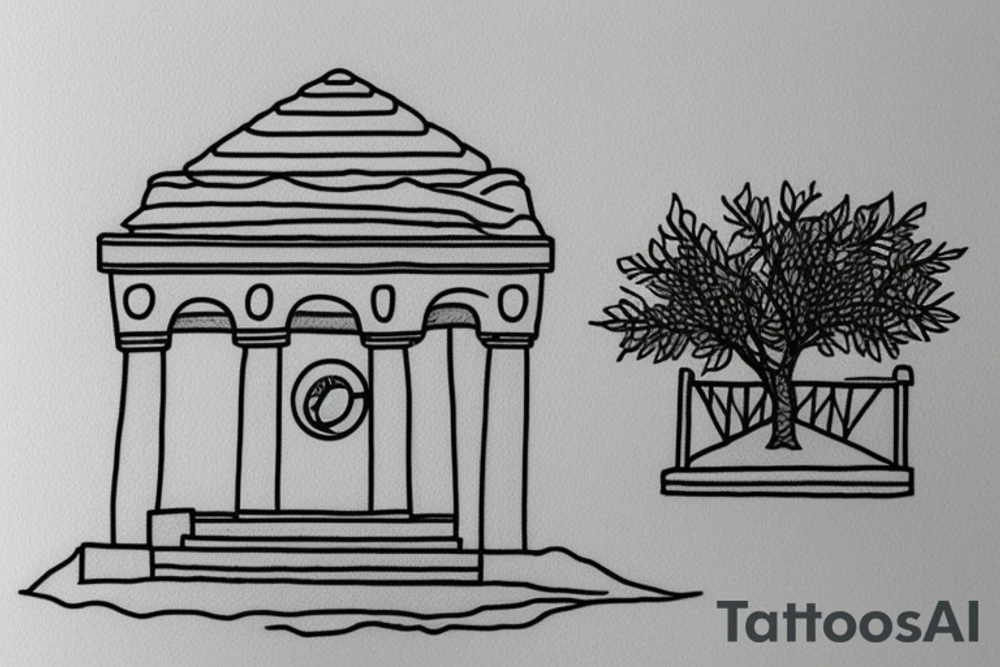 a really simple line drawing of a small Greek house, on a hill. A small Olive tree and cat
 on the stairs tattoo idea