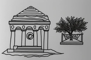 a really simple line drawing of a small Greek house, on a hill. A small Olive tree and cat
 on the stairs tattoo idea