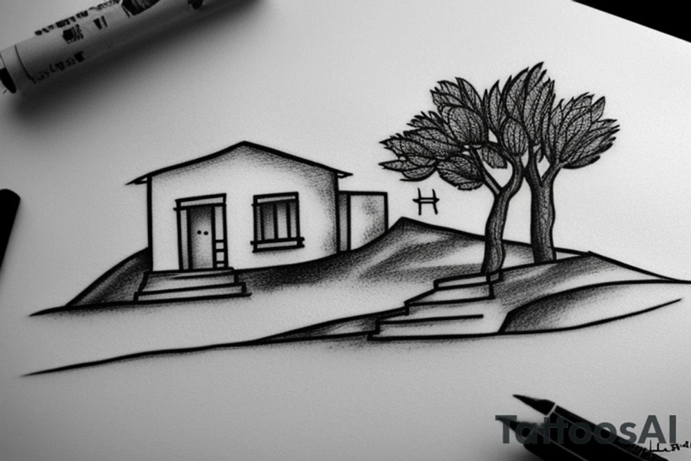 a really simple line drawing of a small Greek house, on a hill. A small Olive tree and cat
 on the stairs tattoo idea