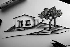 a really simple line drawing of a small Greek house, on a hill. A small Olive tree and cat
 on the stairs tattoo idea