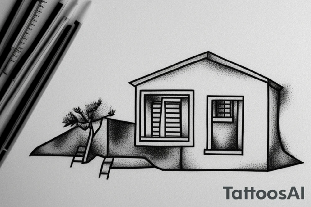 a really simple line drawing of a small Greek house, on a hill. A small Olive tree and cat
 on the stairs tattoo idea