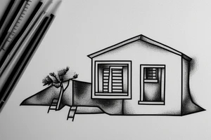 a really simple line drawing of a small Greek house, on a hill. A small Olive tree and cat
 on the stairs tattoo idea