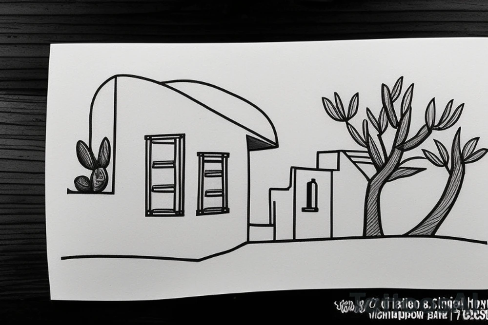 a really simple line drawing of a small Greek house, on a hill. A small Olive tree and cat
 on the stairs tattoo idea