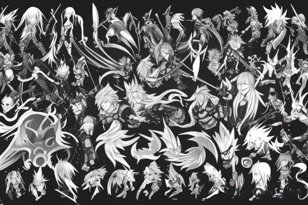 Final fantasy characters, magic, weapons, environment and aeons tattoo idea