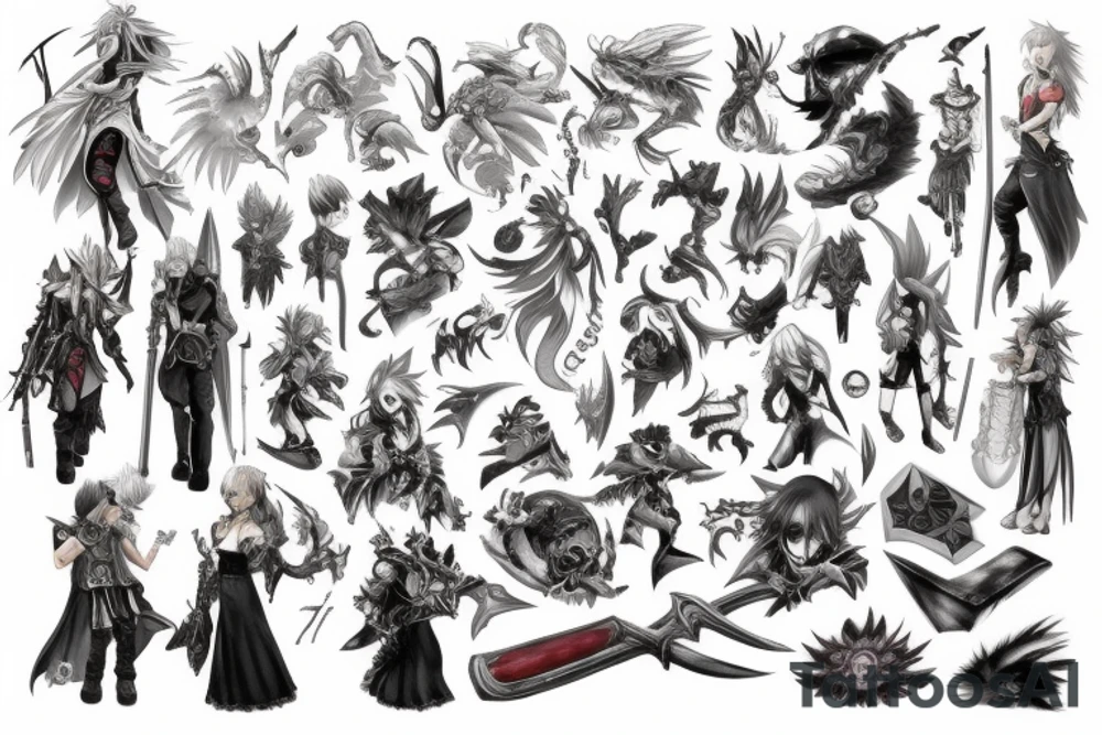 Final fantasy characters, magic, weapons and aeons tattoo idea