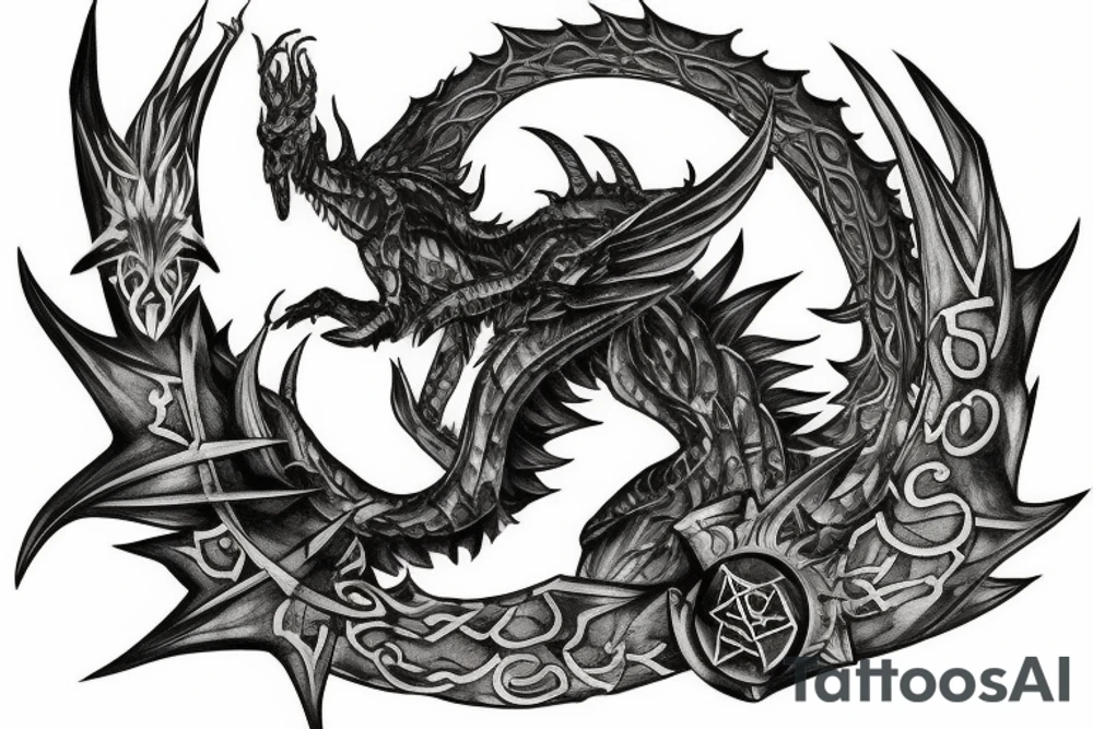 The Bahamut summon and some magical symbols from Final Fantasy with an epic background with shadows tattoo idea