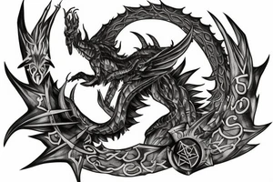 The Bahamut summon and some magical symbols from Final Fantasy with an epic background with shadows tattoo idea
