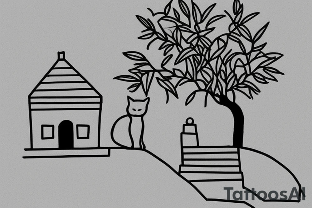 a really simple line drawing of a small Greek house, on a hill. A small Olive tree and cat
 on the stairs tattoo idea