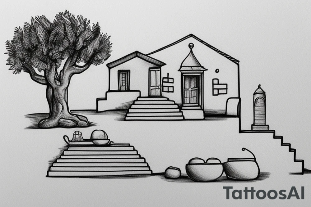 a really simple line drawing of a small Greek house, on a hill. A small Olive tree and cat
 on the stairs tattoo idea