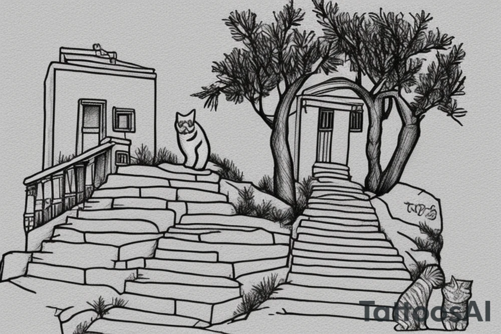 a really simple line drawing of a small Greek house, on a hill. A small Olive tree and cat
 on the stairs tattoo idea