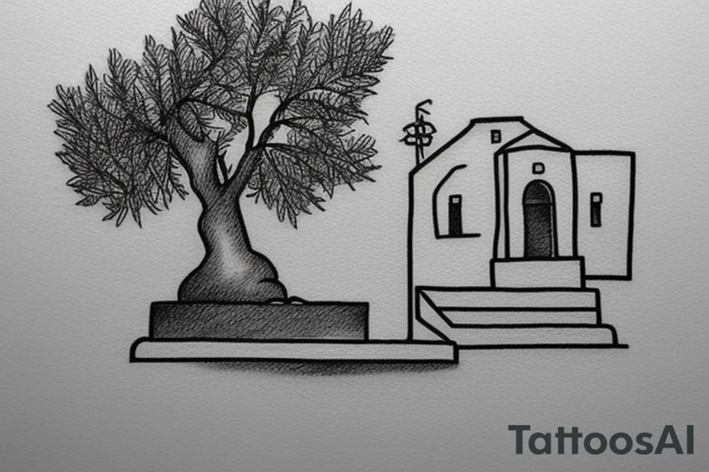 a really simple line drawing of a small Greek house, on a hill. A small Olive tree and cat
 on the stairs tattoo idea