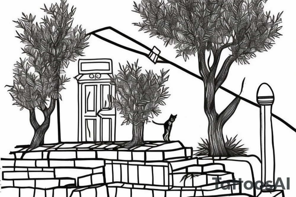 a really simple line drawing of a small Greek house, on a hill. A small Olive tree and cat
 on the stairs tattoo idea