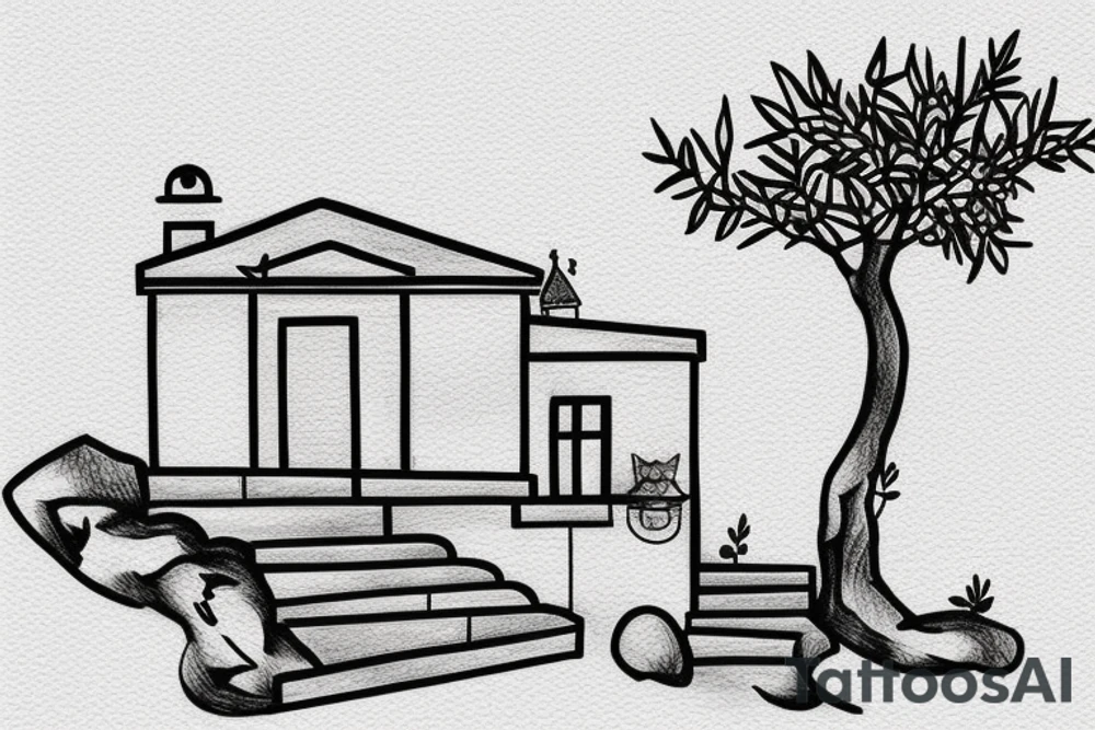 a really simple line drawing of a small Greek house, on a hill. A small Olive tree and cat
 on the stairs tattoo idea