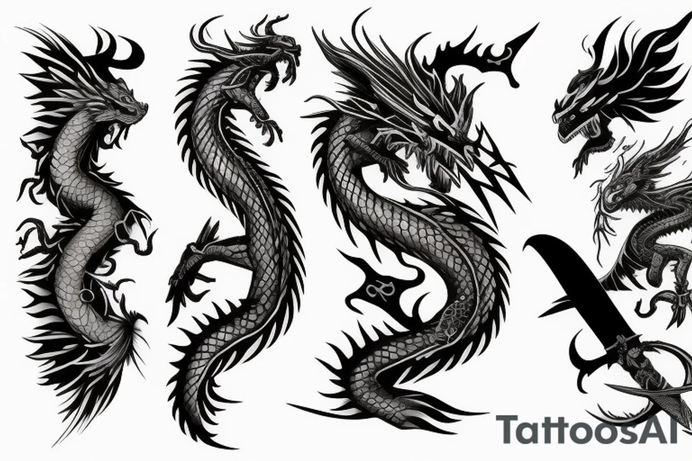 Half dragon half woman with sword tattoo idea