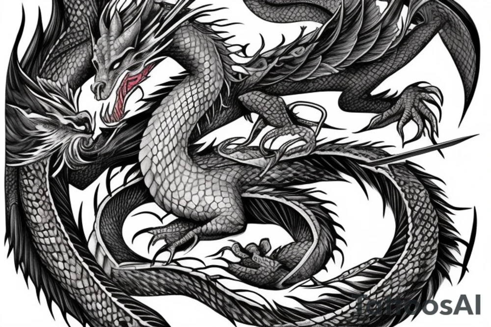 Half dragon half woman with sword tattoo idea