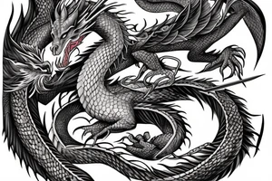 Half dragon half woman with sword tattoo idea